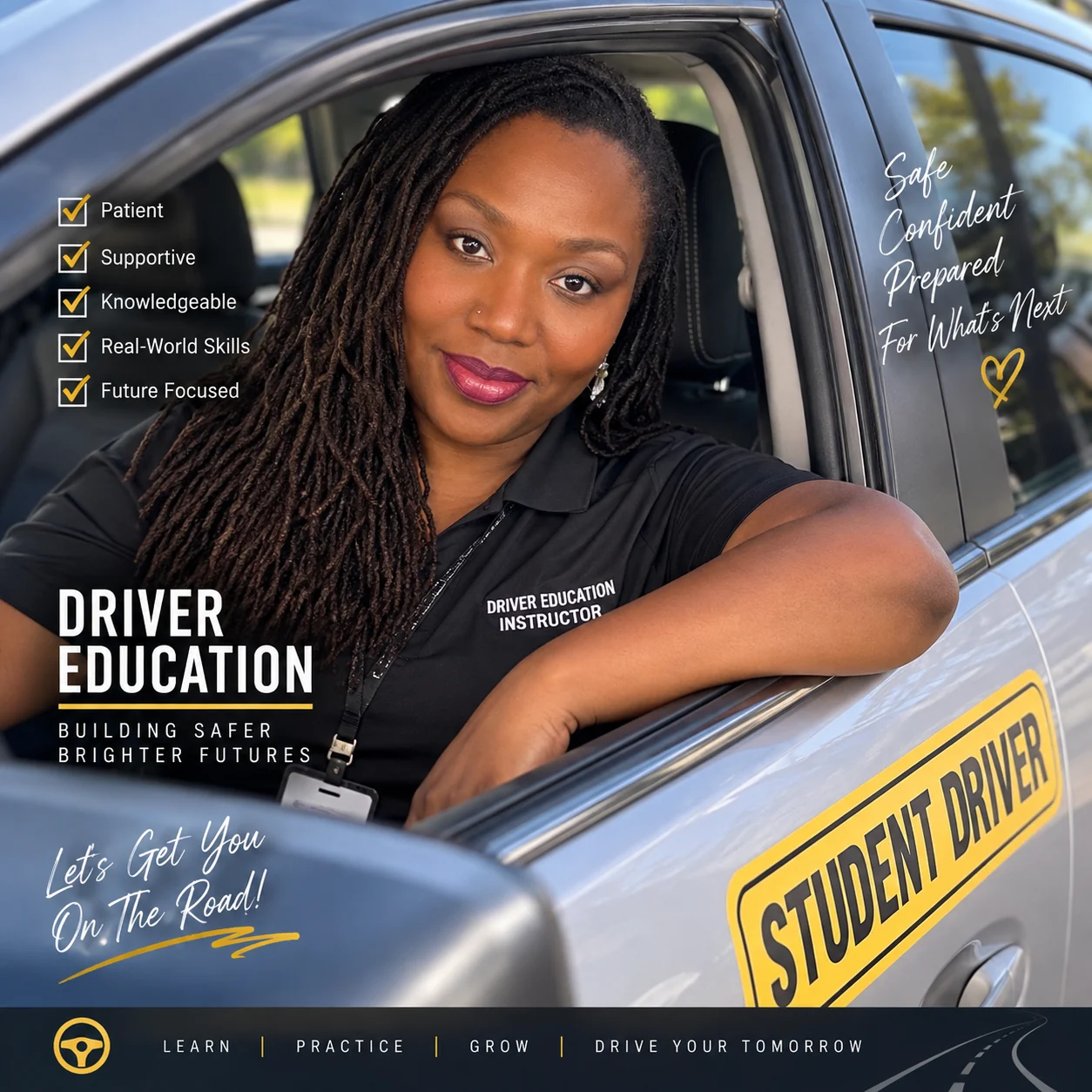 DSC-supplied driver education graphic featuring an instructor at a student-driver vehicle